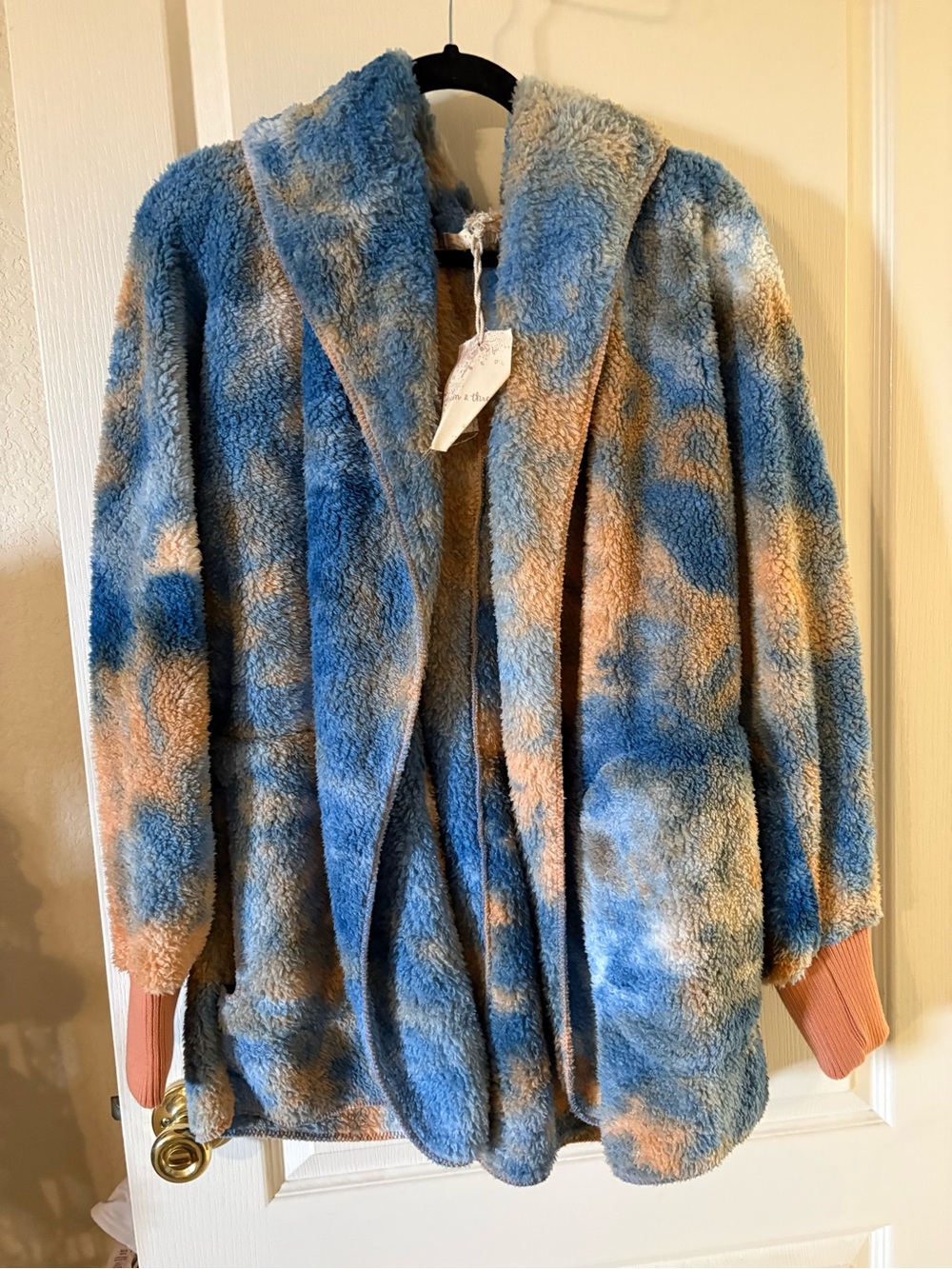 Hem & Thread hooded teddy Jacket in Blue & Tan Cloud Print NWT